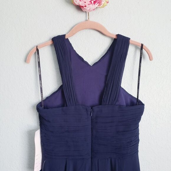 Levkoff Crisscross‎ Neck Chiffon A-line Navy Gown - Picture 5 of 7